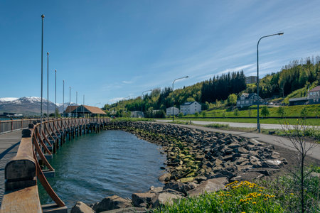 Wooden bridge across the river in Reykjavik, Icelandの写真素材