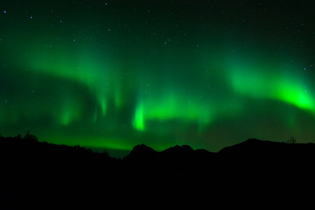 Aurora borealis, northern lights over the mountains in Norwayの写真素材