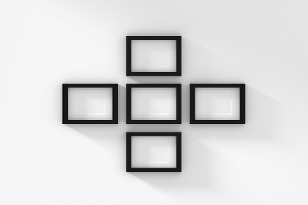 Blank picture frame templates set on living room wallの写真素材