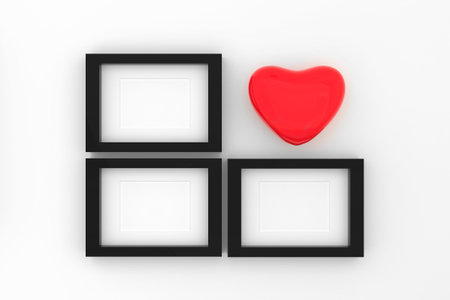 Blank picture frame templates set on living room wall with red heart; 3D Rendering
