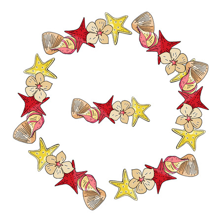 Summer wreath of sea stars and seashellsのイラスト素材