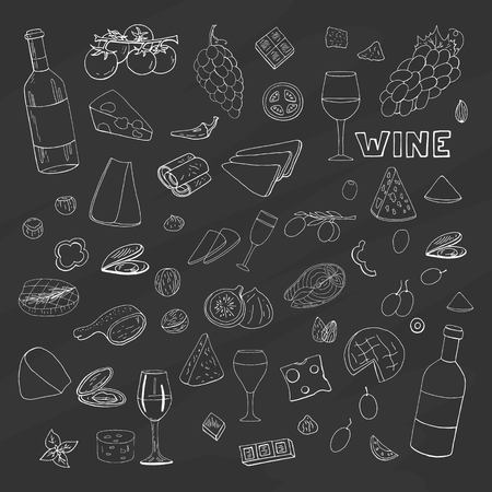 Set of hand drawn elements: wine, galsses and different food on black background. Vector doodle wine collection for cafe menu.のイラスト素材