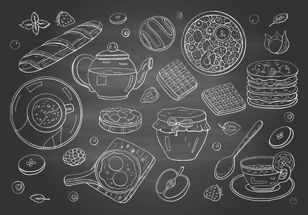 Set of morning breakfast elements on chalkboard.のイラスト素材