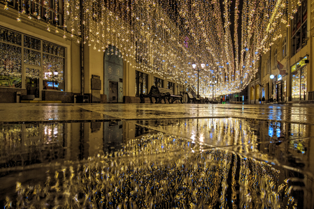 Russia, Moscow, 06, January, 2018: New Year and Christmas decorations in Moscow. Light decoration on Nikolskaya street.のeditorial素材
