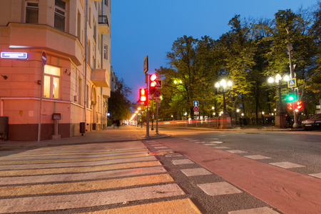 Russia, Moscow, October 10, 2017: Patriarchal ponds at dusk, traces of headlightsのeditorial素材