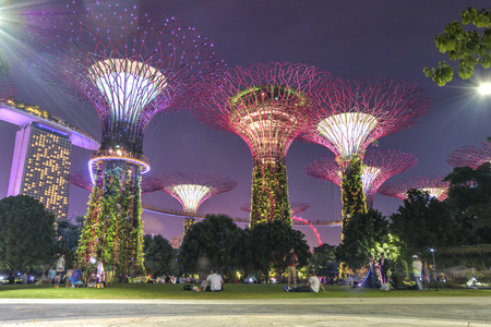 Singapore, September, 29, 2018 - Gardens by the Bay. Night view of the tree show in Singaporeのeditorial素材