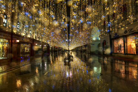 Russia, Moscow, 06, January, 2018: New Year and Christmas decorations in Moscow. Light decoration on Nikolskaya street.のeditorial素材