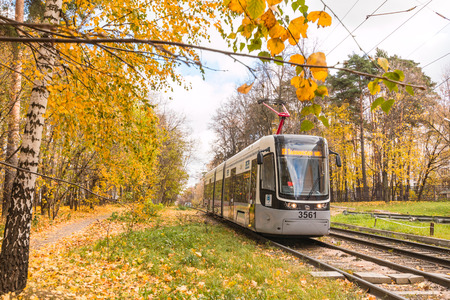 Russia, Moscow, October 22, 2017: Moscow trams in Izmailovo in the autumn seasonのeditorial素材