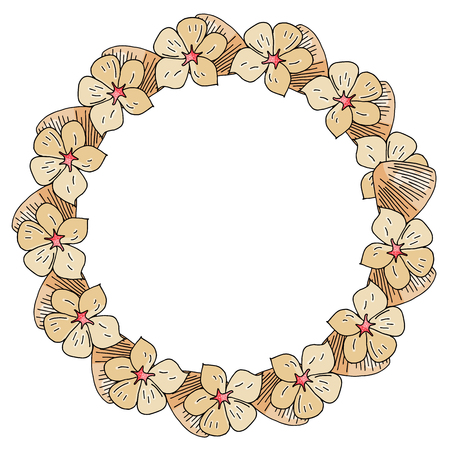 Hand-drawn wreath of a plumeria flower and seashells on a white backgroundのイラスト素材