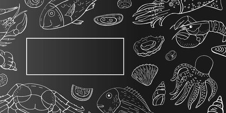 Vector vintage  horizontal menu with seafood and fish outline on black background. Hand drawn seafood cafe menuのイラスト素材