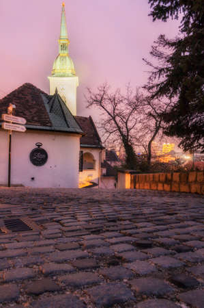 Bratislava, Slovakia- walk in the old city of Bratislava, view of the city. View of St. Martin's Cathedral, twilightのeditorial素材