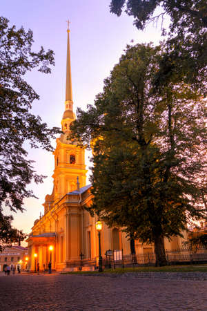 St. Petersburg, Russia - September 1, 2019 - View of the evening illuminated Peter and Paul Church. Twilight in Petersburg. Rabbit Islandのeditorial素材