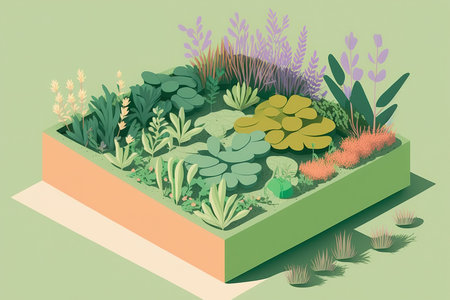 Illustration of a spring garden and herb and vegetable beds. Generative aiの素材