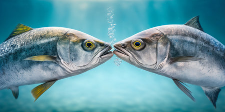 Two wild fish kissing underwater with copy space, generative aiの素材