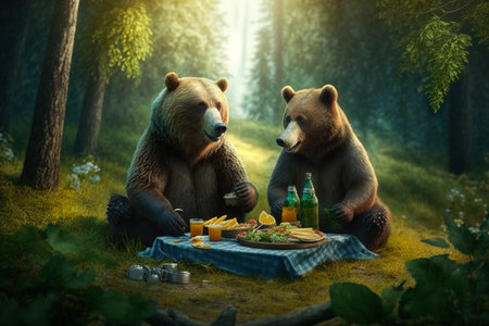 Two brown bears are having a picnic in the middle of the green forest, generative aiの素材