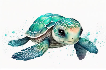 Illustration of a sea turtle swimming underwater in a watercolor style, generative aiの素材