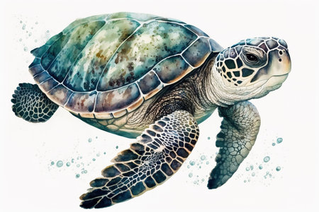 Illustration of a sea turtle swimming underwater in a watercolor style, generative aiの素材