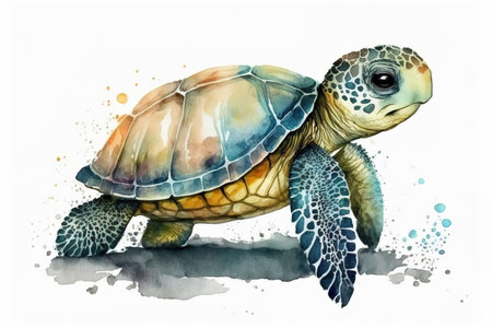 Illustration of a sea turtle swimming underwater in a watercolor style, generative aiの素材