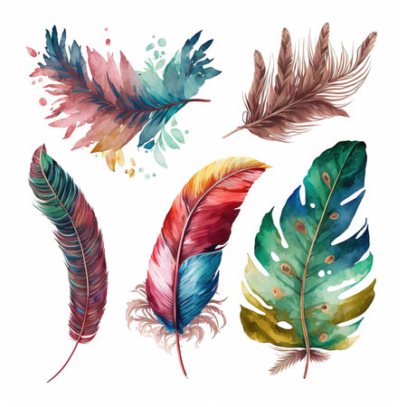 set of isolated illustrations, watercolor style feathers, generative aiの素材