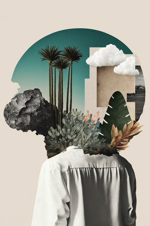 Abstract art, collage with female portrait and mountains, generative aiの素材