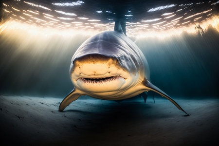 Portrait of a great shark hunting underwater, generative aiの素材