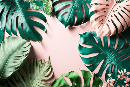 Illustration with monstera leaves on a pink background with space for text, generative aiの素材