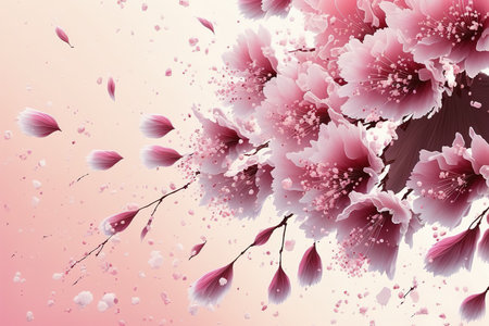 Blossoming cherry branch in early spring, flower petals blowing in the wind, generative aiの素材