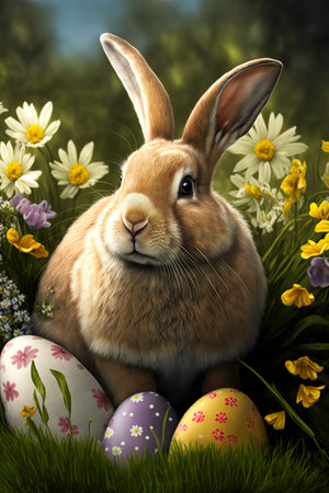 Portrait of a gray rabbit sitting on a green meadow between flowers and Easter eggs, generative aiの素材