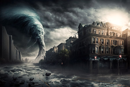 Storm and flood in the city, effects from rapid climate change, generative aiの素材