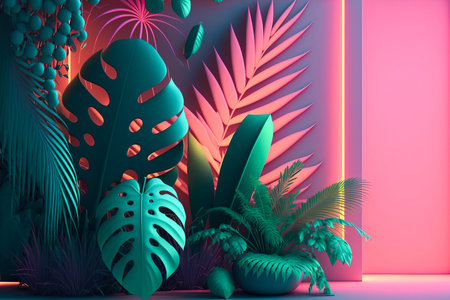 Illustration of a dense jungle with leaves and flowers in pastel colors illuminated by neon light, generative aiの素材