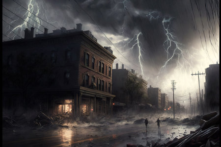 Storm and flood in the city, effects from rapid climate change, generative aiの素材