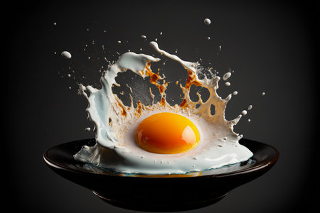 Delicious fried chicken egg on black background, generative aiの素材