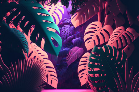 Illustration of a dense jungle with leaves and flowers in pastel colors illuminated by neon light, generative aiの素材
