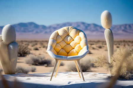 A modern chair standing alone in the hot desert. The concept of modern furniture for all conditions. Generative aiの素材