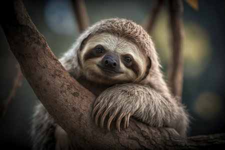Portrait of a cute sloth hanging on a tree. Generative aiの素材