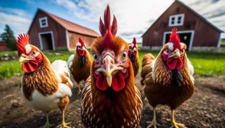 A flock of curious chickens peek into the camera, close-up shot. Generative aiの素材