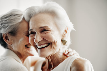 Portrait of two elderly women with gray hair hugging and laughing. Happy old age concept with friends and family. Generative aiの素材