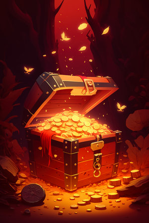 Pirate chest with treasure in the form of gold and gold coins. Generative aiの素材
