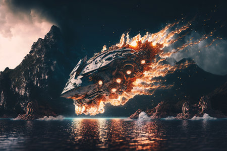 Spectacular spaceship crash, flaming rocket falls into the water. Generative aiの素材