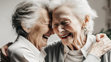 Portrait of two elderly women with gray hair hugging and laughing. Happy old age concept with friends and family, banner. Generative aiの素材