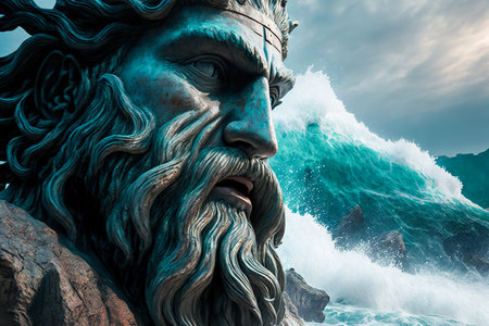 Majestic statue of Poseidon, the Greek god of the seas. Face washed by high ocean waves, generative aiの素材