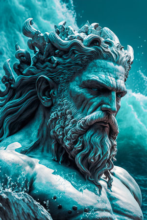 Majestic statue of Poseidon, the Greek god of the seas. Face washed by high ocean waves, generative aiの素材