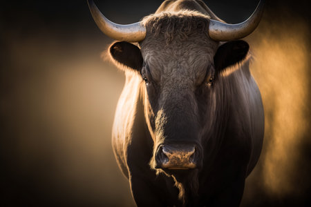 Portrait of a wild bull with long horns, in natural habitat, generative aiの素材