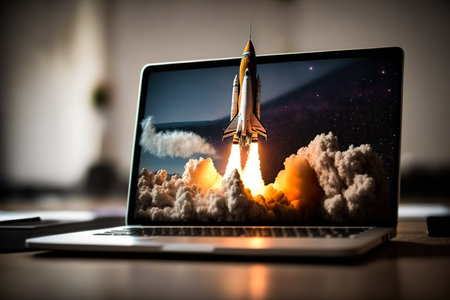space rocket taking off from laptop screen. Computer speed up and repair concept.の写真素材