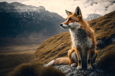Sitting wild red fox on the road for tourists high in the mountains, illustration with copy space.の写真素材