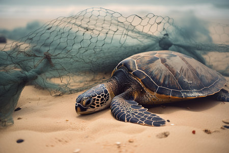 Turtle trapped in plastic garbage lying on the beach. The concept of an ecological disaster caused by plastic garbage. generative aiの素材
