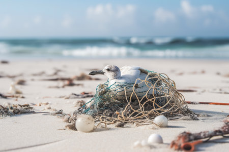 Bird, seagull trapped in plastic garbage lying on the beach. The concept of an ecological disaster caused by plastic garbage. generative aiの素材