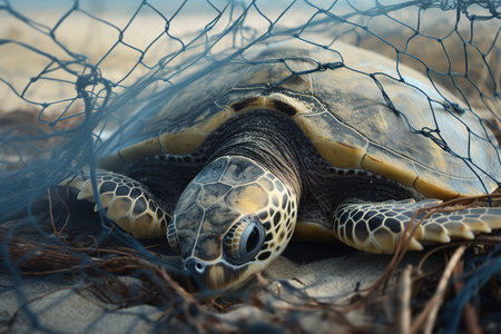 Turtle trapped in plastic garbage lying on the beach. The concept of an ecological disaster caused by plastic garbage. generative aiの素材