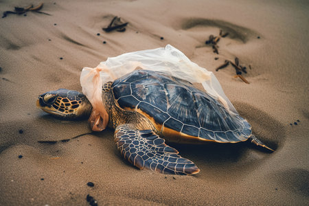 A turtle trapped in a plastic bag lying on the beach. The concept of an ecological disaster caused by plastic garbage. generative aiの素材