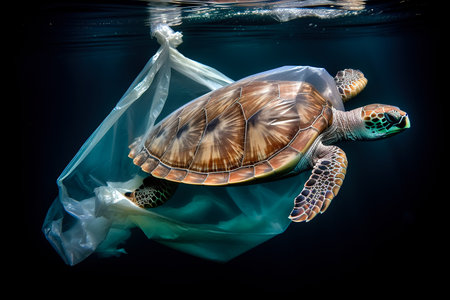 Turtle trapped in plastic garbage floating in the North Pacific, underwater photography. The concept of an ecological disaster caused by plastic garbage. generative aiの素材